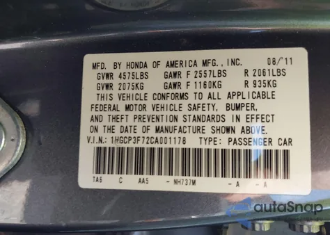 2012 Honda Accord 3.5 Ex из США, поврежденный, VIN 1HGCP3F72CA001178